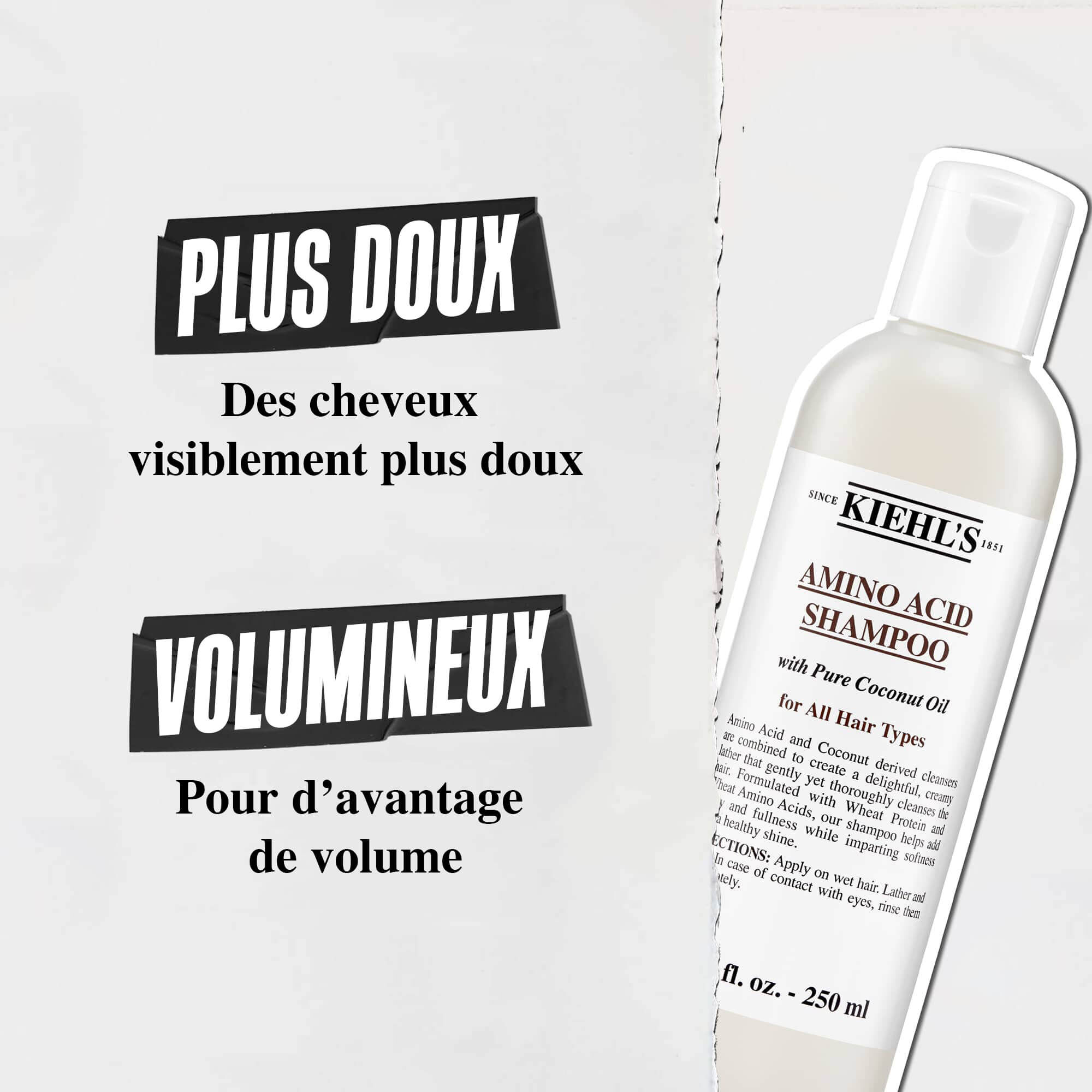 Bouteille de shampoing Amino Acid de Kiehl's, presentant les avantages : « Cheveux plus doux et visiblement plus lisses » et « Plus de volume et de densite »