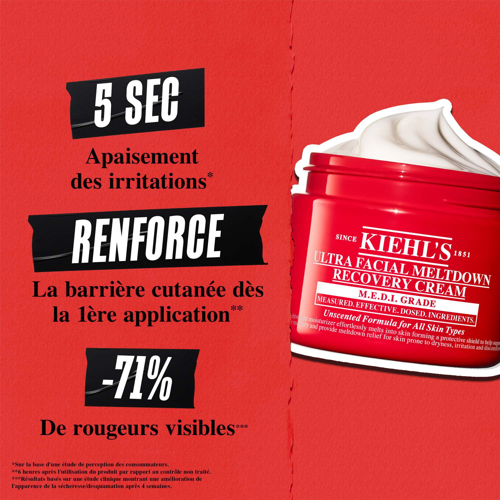Fond rouge avec pot de creme. Le texte indique : Soulagement de l'irritation cutanee en 5 s, recuperation de la barriere +50 % plus rapide et rougeurs visibles -71 %.
