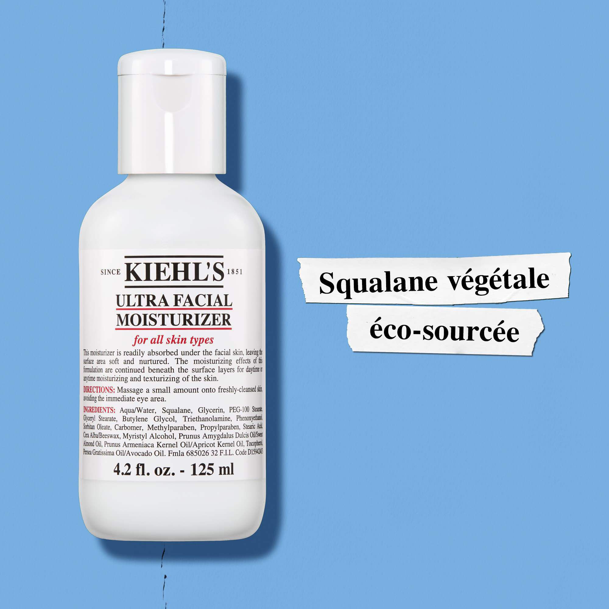 Kiehl's Ultra Facial Moisturizer contient de la glycerine de source responsable et du squalane vegetal