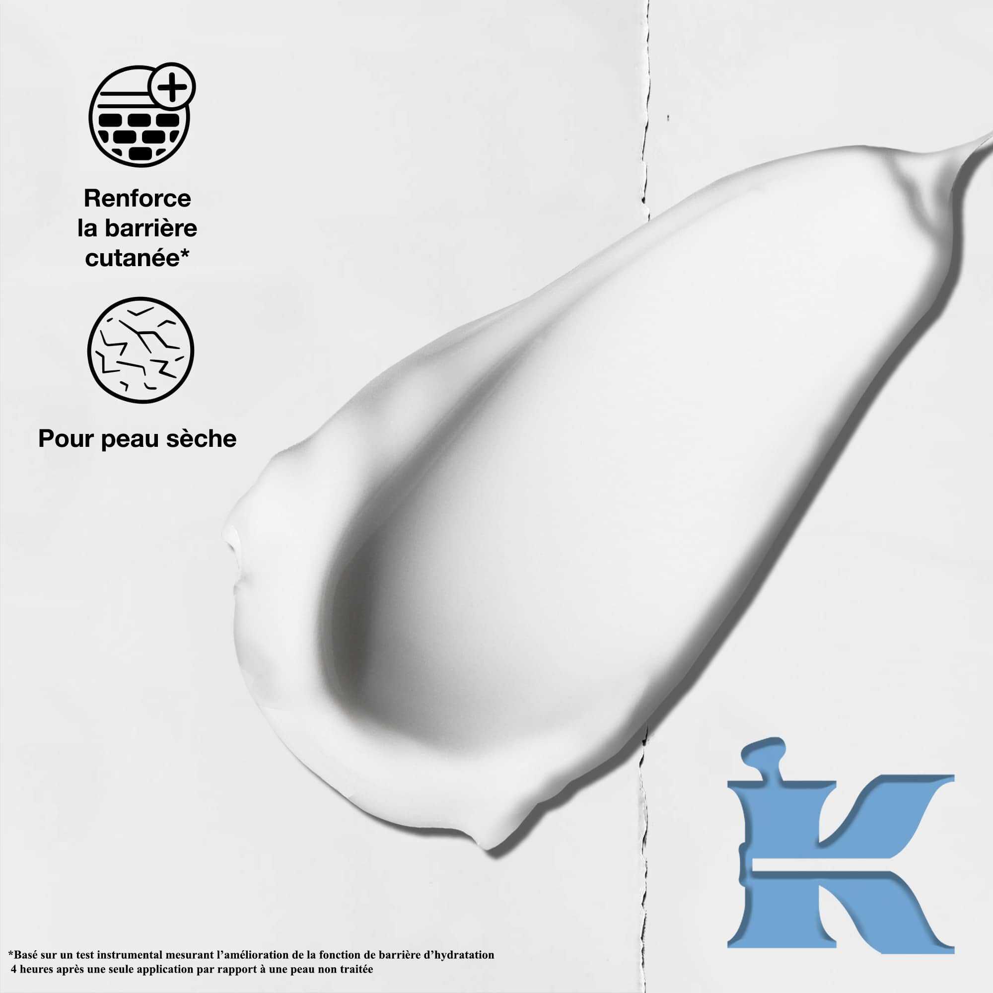 Photo de la texture avec des icones indiquant qu'elle renforce la barriere cutanee et convient aux peaux seches