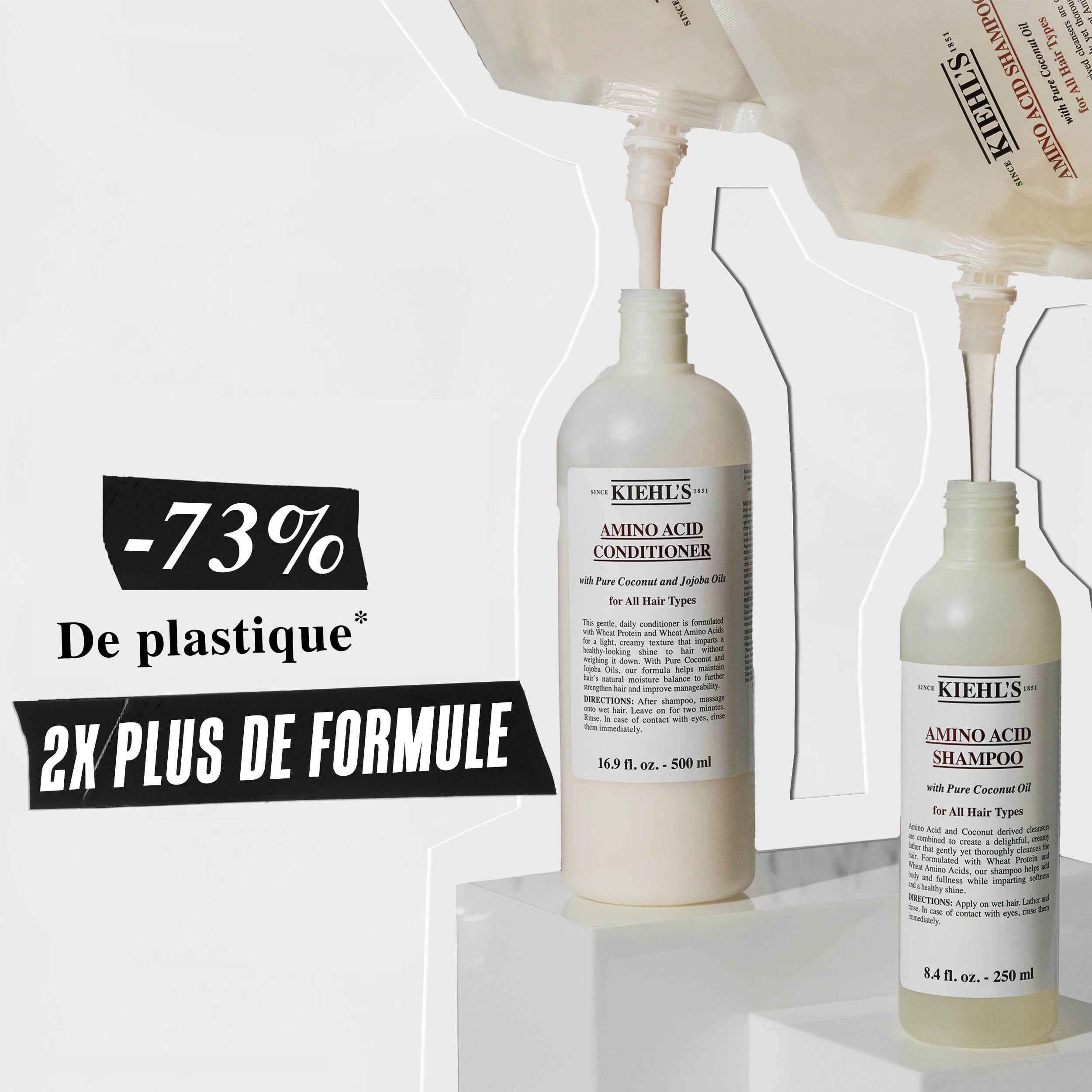 73 % d’emballage plastique en moins et 2 fois plus de formule avec la recharge du sachet de rechargement du conditionneur d’acides amines de Kiehl’s