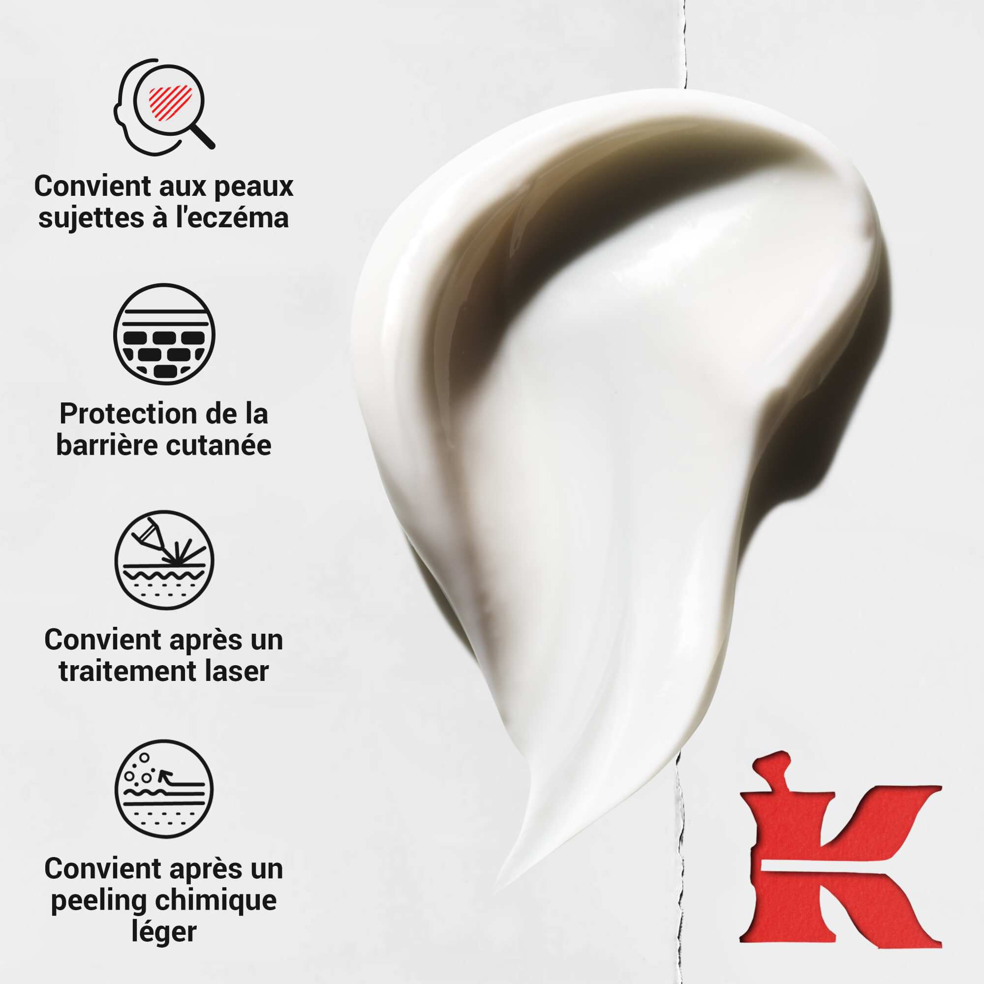 Tourbillon dynamique de creme epaisse ; des icones soulignent les bienfaits : convient aux peaux a tendance eczemateuse, protection de la barriere cutanee, post-laser et post-peeling chimique leger.