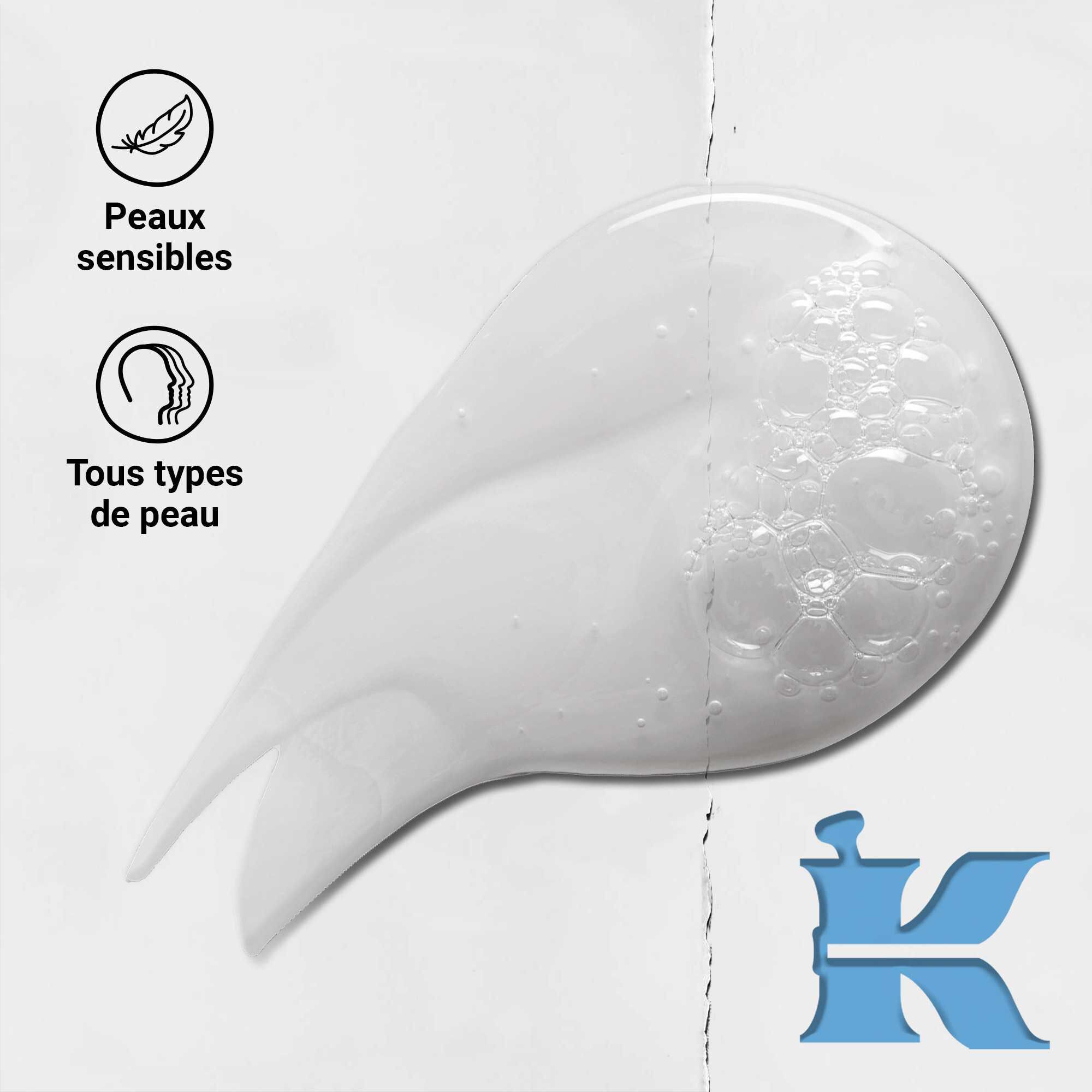 Photo de la texture de l'Ultra Facial Cleanser Kiehl's avec des icones : pour tous les types de peau et peaux sensibles