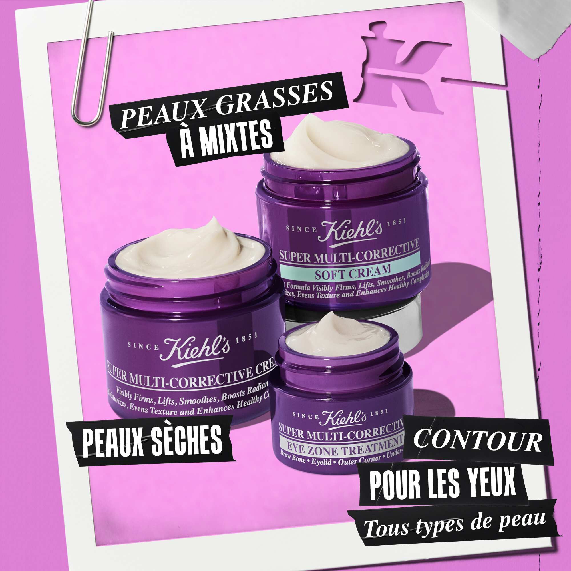 3 pots ouverts de la gamme de produits Super Multi-Corrective – Cream, Soft Cream, Eye Zone Treatment