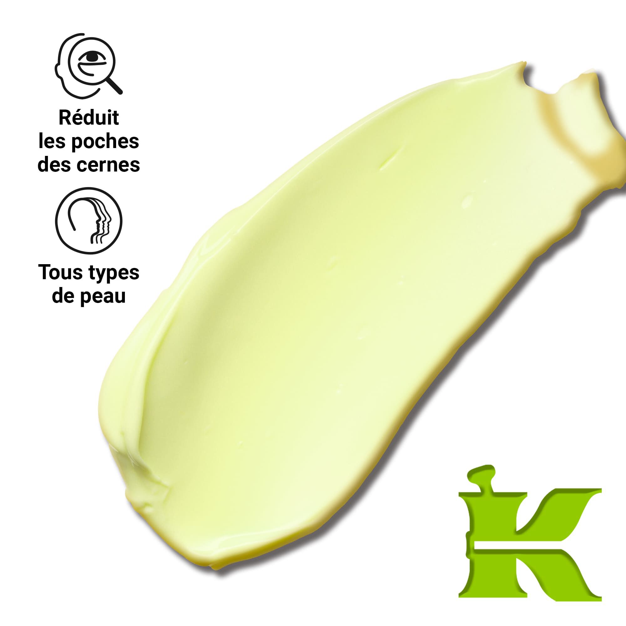 Photo de la texture du produit avec icones - reduit les poches sous les yeux et convient a tous les types de peau