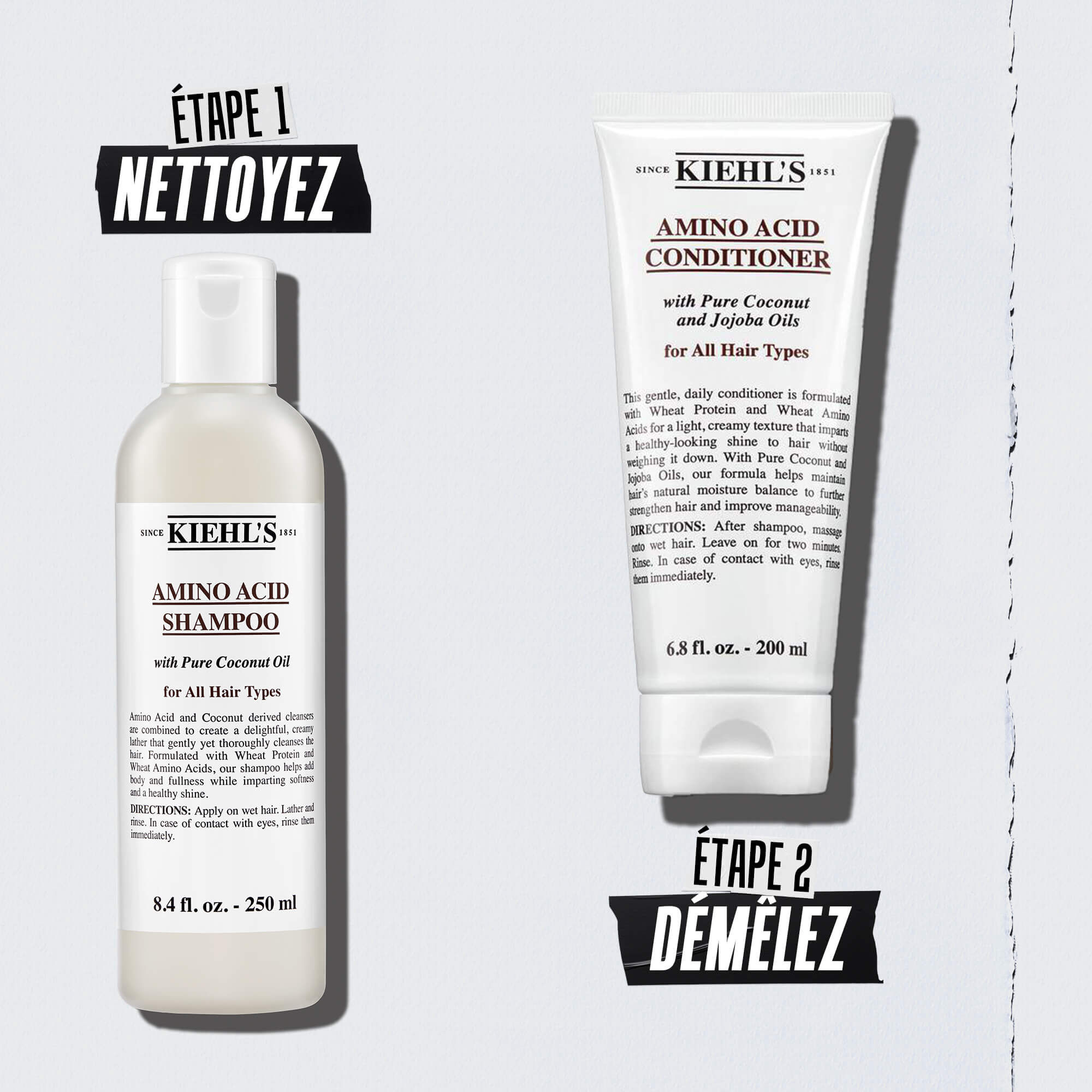 Illustration de la routine capillaire Amino Acid de Kiehl's avec des flacons – Etape 1 Nettoyer, Etape 2 Conditionner