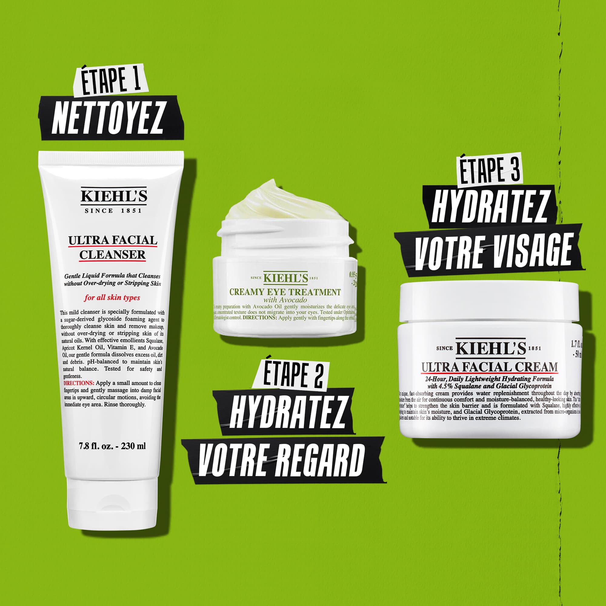 Routine Soin Yeux Avocat Kiehl's - Etape 1 Nettoyer, Etape 2 Traiter, Etape 3 Hydrater