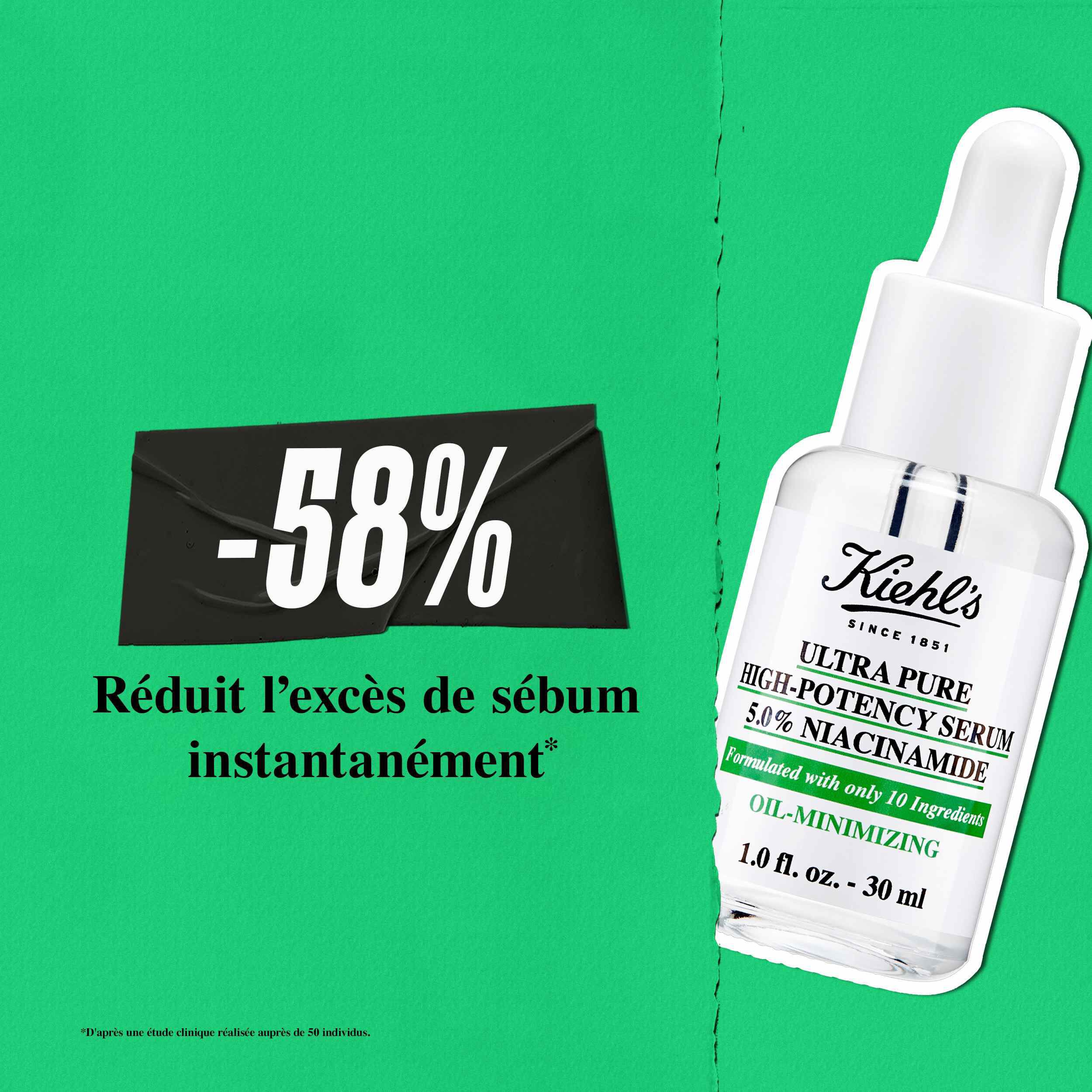 Le Serum Ultra Pure Kiehl's reduit instantanement l'exces de sebum de 58 %