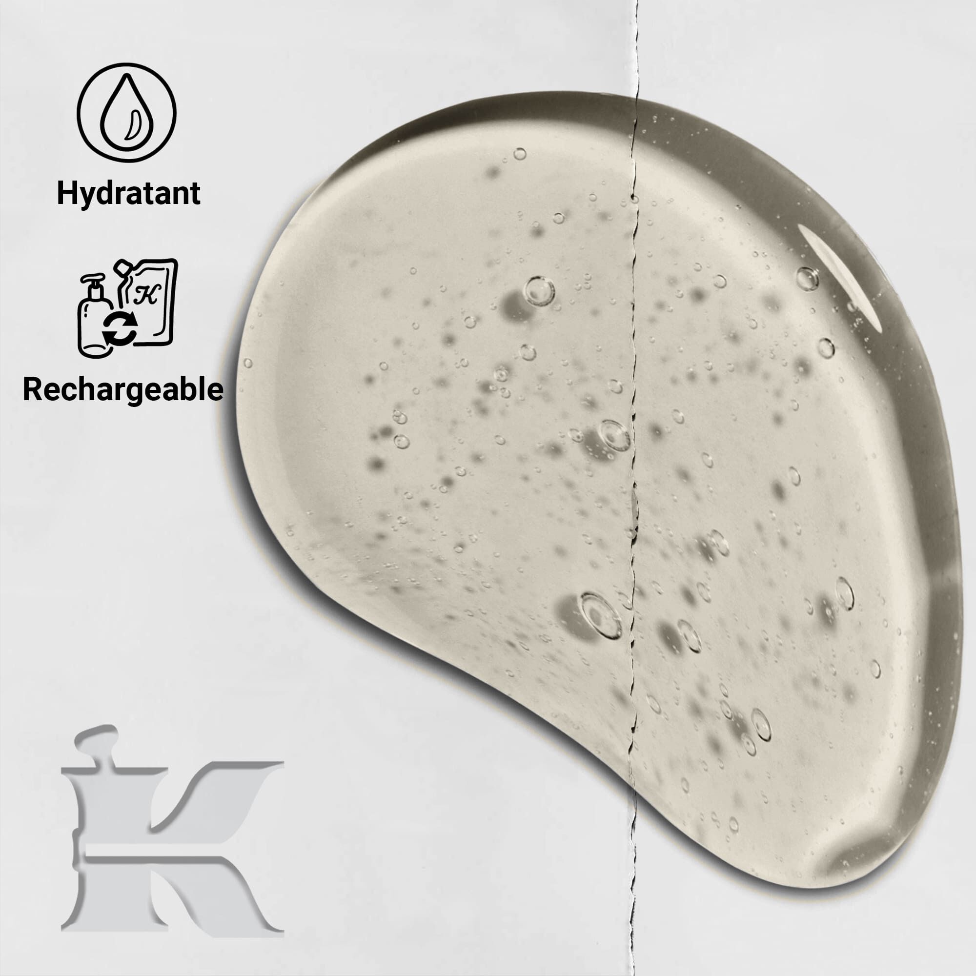 Photo de la texture du shampoing Amino Acid avec des icones indiquant qu'il est rechargeable et hydratant