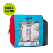 Kiehl's travel-sized skincare gift set in a red pouch, featuring multiple products visible through a blue-themed window.