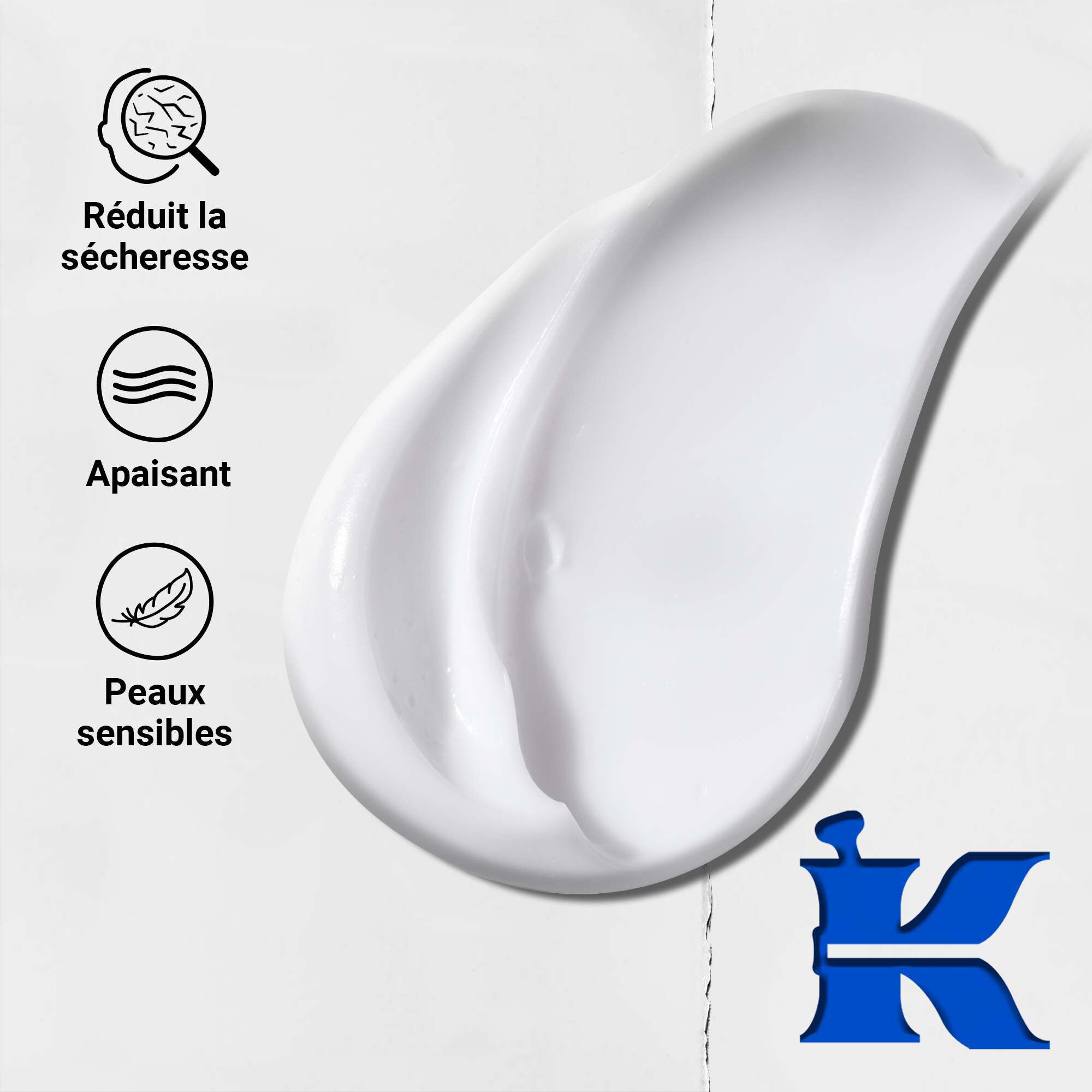 Photo de la texture avec des icones : reduit la secheresse, est apaisant et est formule pour les peaux sensibles