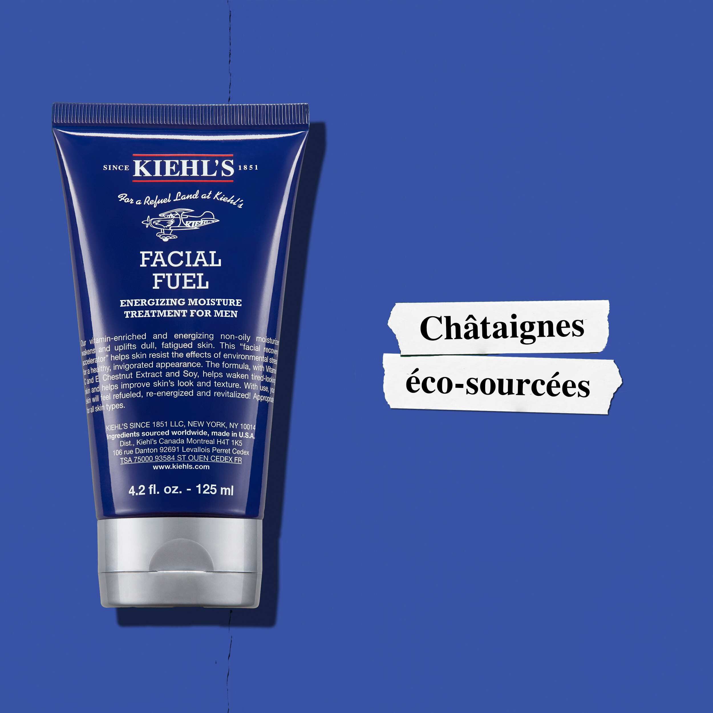 Mannequin tenant le soin hydratant visage energisant pour homme Facial Fuel de Kiehl's