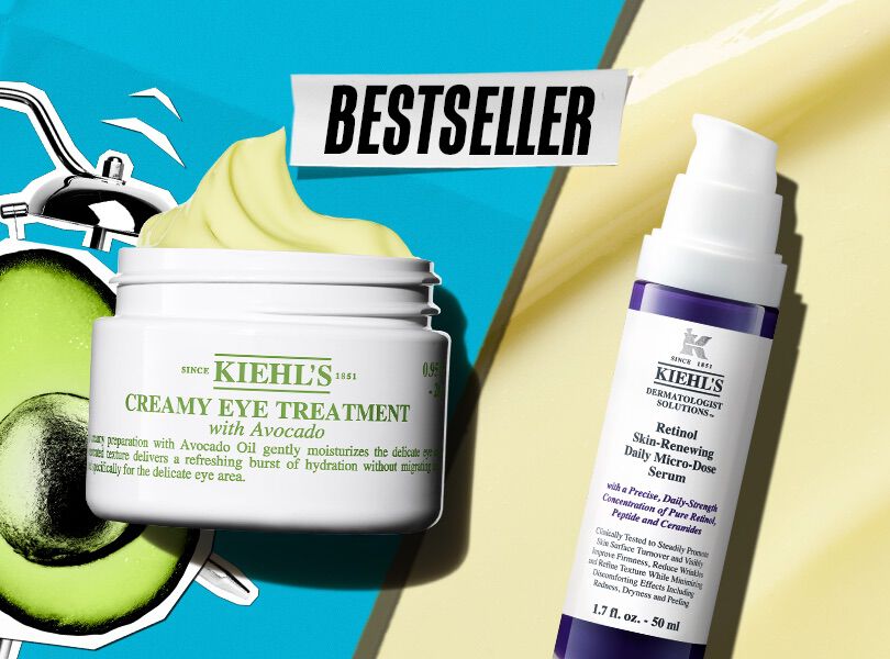 Abbildung von drei beliebten Kiehls Produkten und einem Storer mit Bestseller