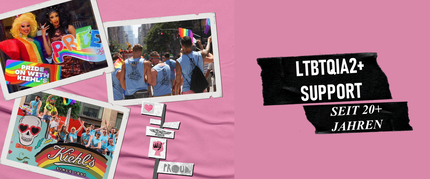 Bildbeschreibung: Eine Collage, die Szenen von einer Pride-Parade zeigt, einschließlich jubelnder Teilnehmer und bunter Banner. Der Text auf der rechten Seite hebt die Unterstutzung fur die LGBTQIA+ Gemeinschaft hervor, seit uber 20 Jahren.