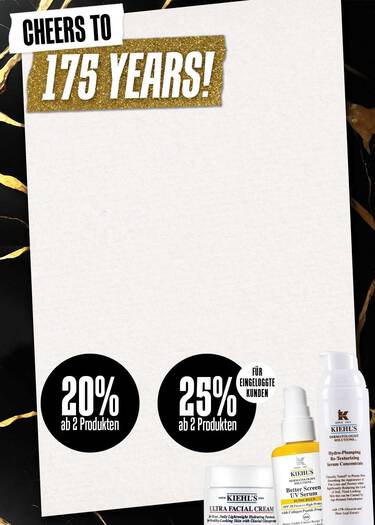 Kiehl's Cheers to 175 Years – 20% Rabatt ab 2 Produkten, 25% fur Eingelogte-Kunden, Code CHEERS, mit Ultra Facial Cream, Better Screen UV Serum und Hydro-Plumping Re-Texturizing Serum Concentrate