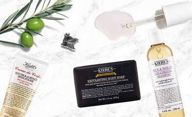 Kiehl's Produkte: Sojamilch & Honig Korperpeeling, Peeling-Seife, Reis & Weizen Shampoo, Oliven & Pipette.