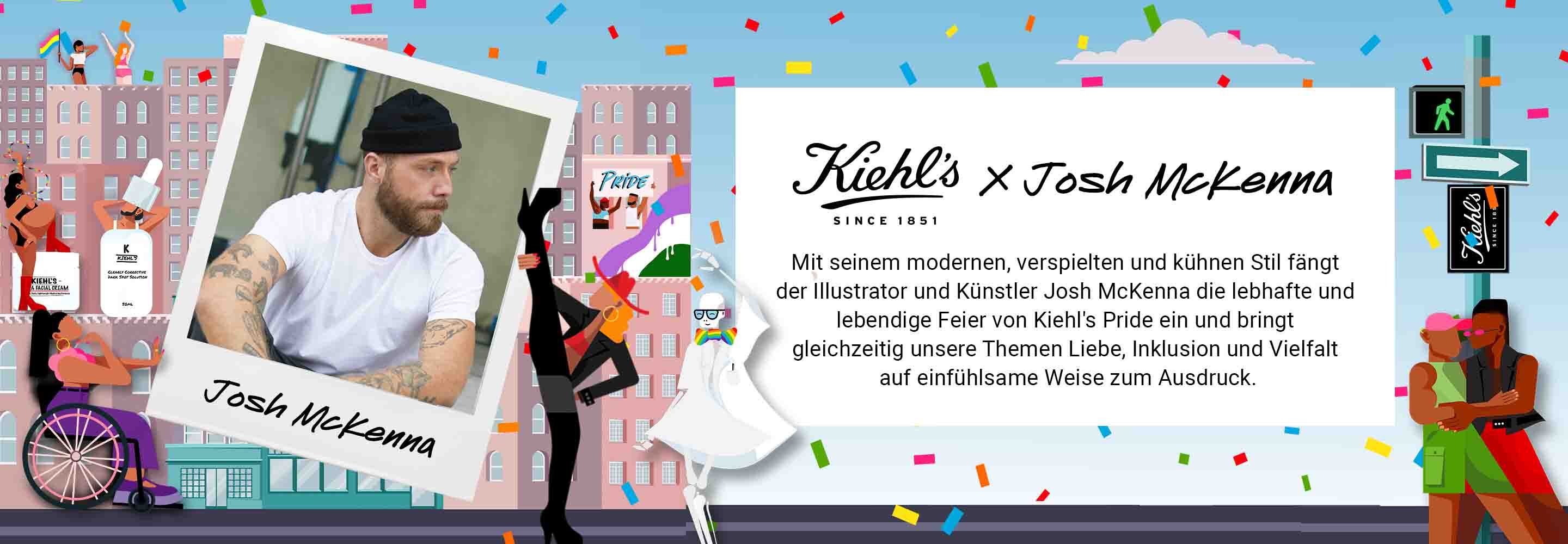 Alt-Text: Ein Werbebild fur die Zusammenarbeit zwischen Kiehl's und Illustrator Josh McKenna, das bunte Elemente und festliche Symbole zeigt, um Themen wie Liebe, Inklusion und Vielfalt zu betonen.