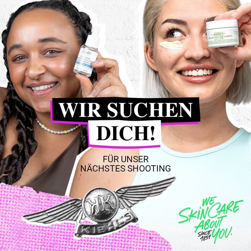 Zwei Frauen halten Pflegeprodukte in die Kamera und lacheln, mit Text: "Wir suchen dich! Fur unser nachstes Shooting."
