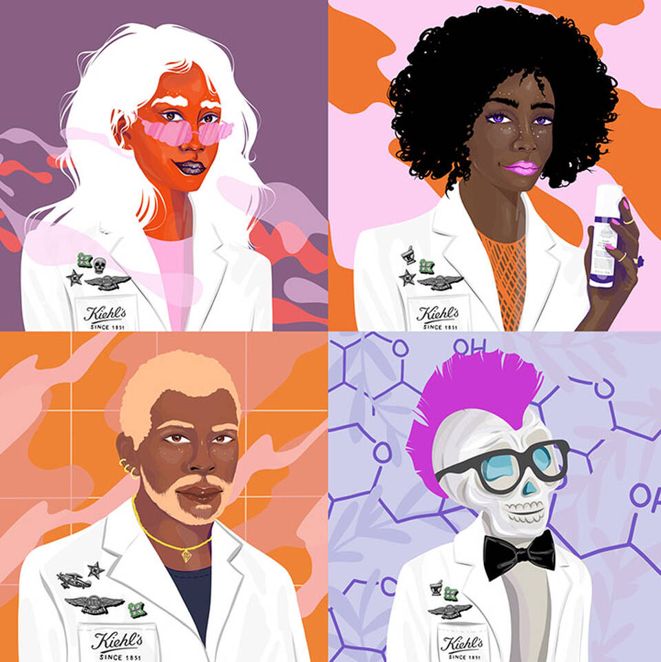 Neun Portrats von Diversen Menschen in weißen Laborkitteln, jeweils vor bunten, abstrakten Hintergrunden.
