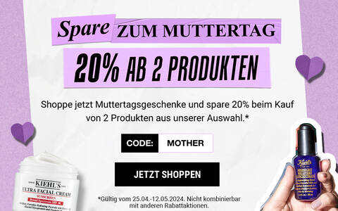 Banner mit dem Text "S spare zum Muttertag 20% auf 2 Produkte". Es zeigt verschiedene Hautpflegeprodukte und ladt zum Einkaufen ein.