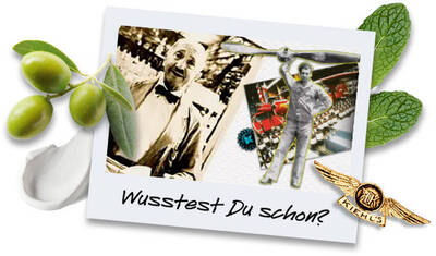 A vintage-style collage featuring a smiling man in a bow tie, surrounded by images of aviation and machinery, alongside green leaves, olives, and a Kiehl's logo. The text reads "Wusstest Du schon?"