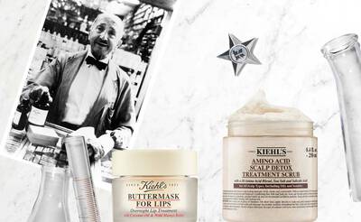 Vintage-Foto eines Mannes hinter Kiehl's Produkten: Buttermaske fur Lippen und Aminosaure-Kopfhaut-Peeling.