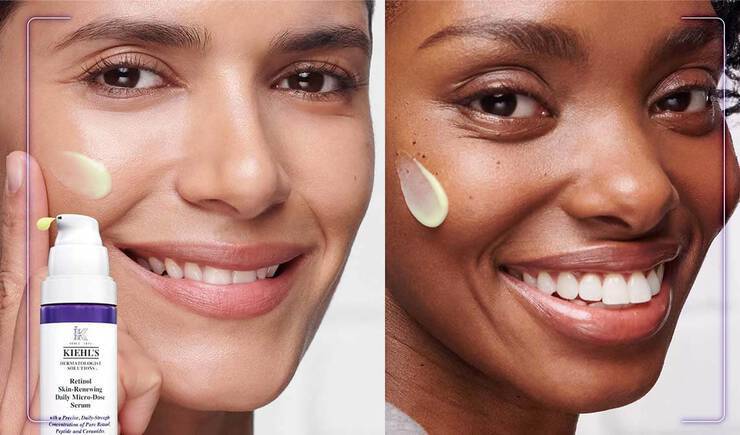 Bild zweier Frauen beim Auftragen des Kiehl‘s Retinol Serums auf das Gesicht