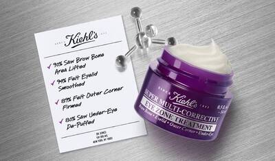 Die Abbildung zeigt ein Produkt von Kiehl's, eine lila Augencreme in einem Tiegel, begleitet von einer Liste von Wirkungstest-Ergebnissen.