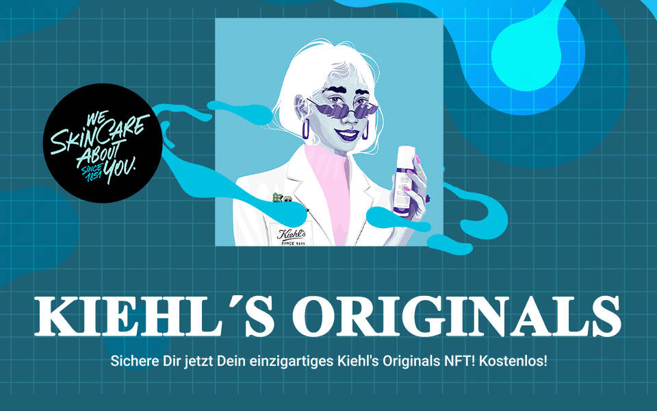 Alt-Text: Ein farbenfrohes, grafisches Bild, das die Marke Kiehl's mit einem Charakter in einem weißen Laborkittel zeigt. Dazu der Slogan "We skincare about you!" und der Text "Kiehl's Originals".