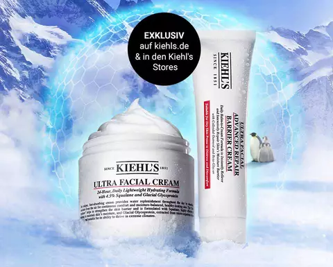 Alt-Text: Kiehl's Ultra Facial Cream und Tube auf einem Hintergrund mit schneebedeckten Bergen, mit dem Hinweis "Exklusiv auf Kiehl's.de & in den Kiehl's Stores".