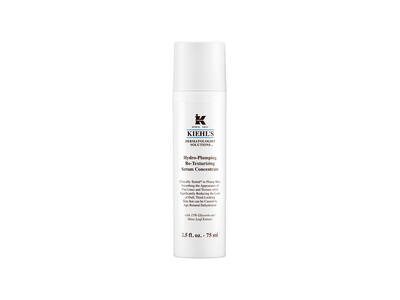 Eine Flasche Kiehl's Hydro-Plumping Re-Texturizing Serum Concentrate mit weißem Etikett und schwarzem Deckel.