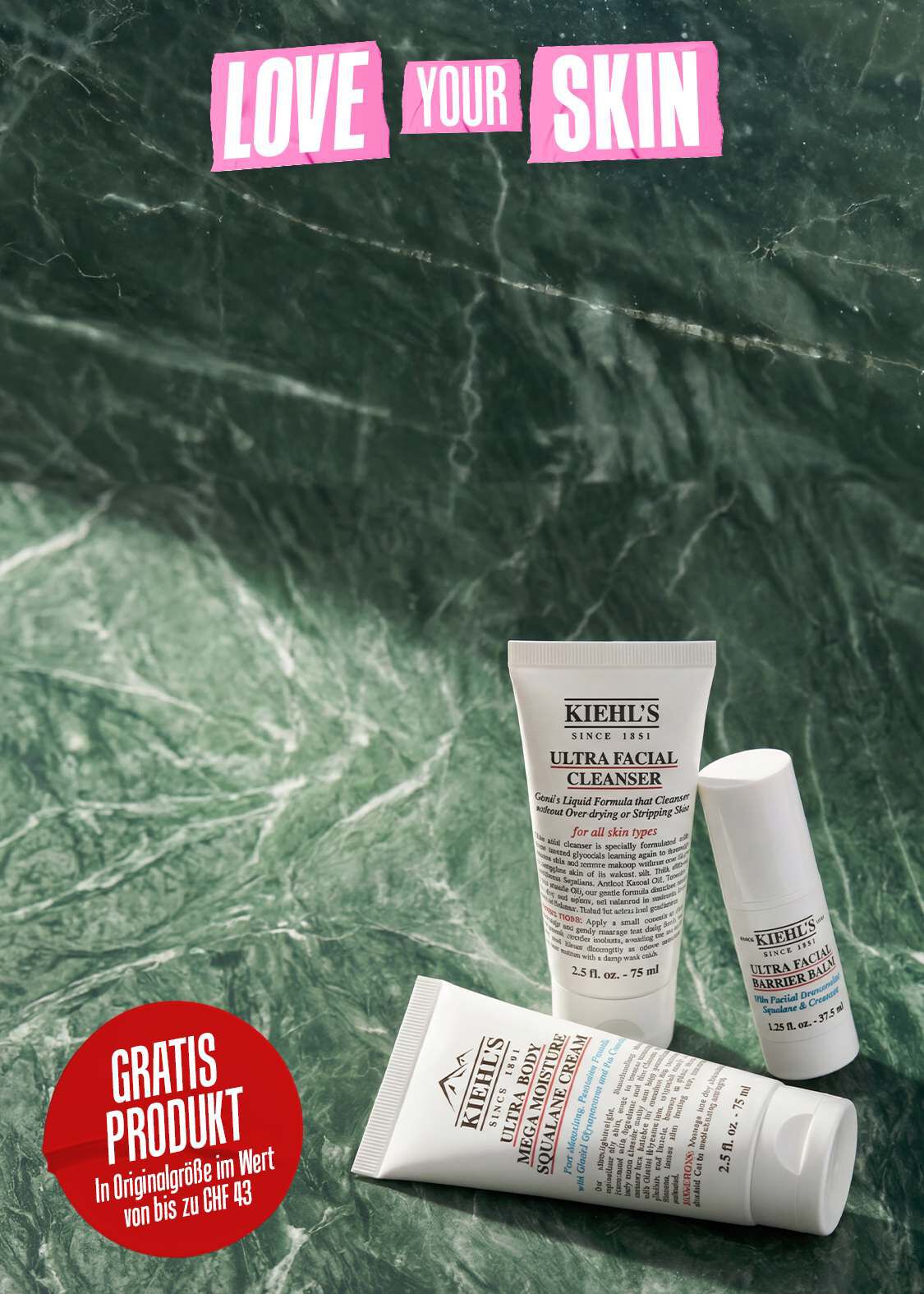 Kiehl's Love Your Skin – Gratis Produkt in Originalgroße im Wert von bis zu CHF 43,- mit Ultra Facial Cleanser, Ultra Body Mega Moisture Squalane Cream und Ultra Facial Barrier Balm