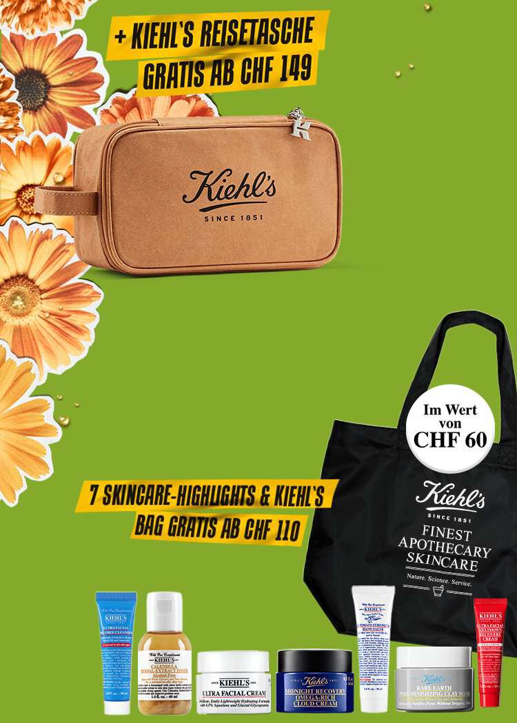 Werbebild auf grunem Hintergrund mit Blumenmotiven: links eine beige Kiehl’s Reisetasche mit dem Hinweis „+ Kiehl’s Reisetasche gratis ab CHF 149,-“. Rechts eine schwarze Kiehl’s Tasche mit sieben Skincare‑Produkten