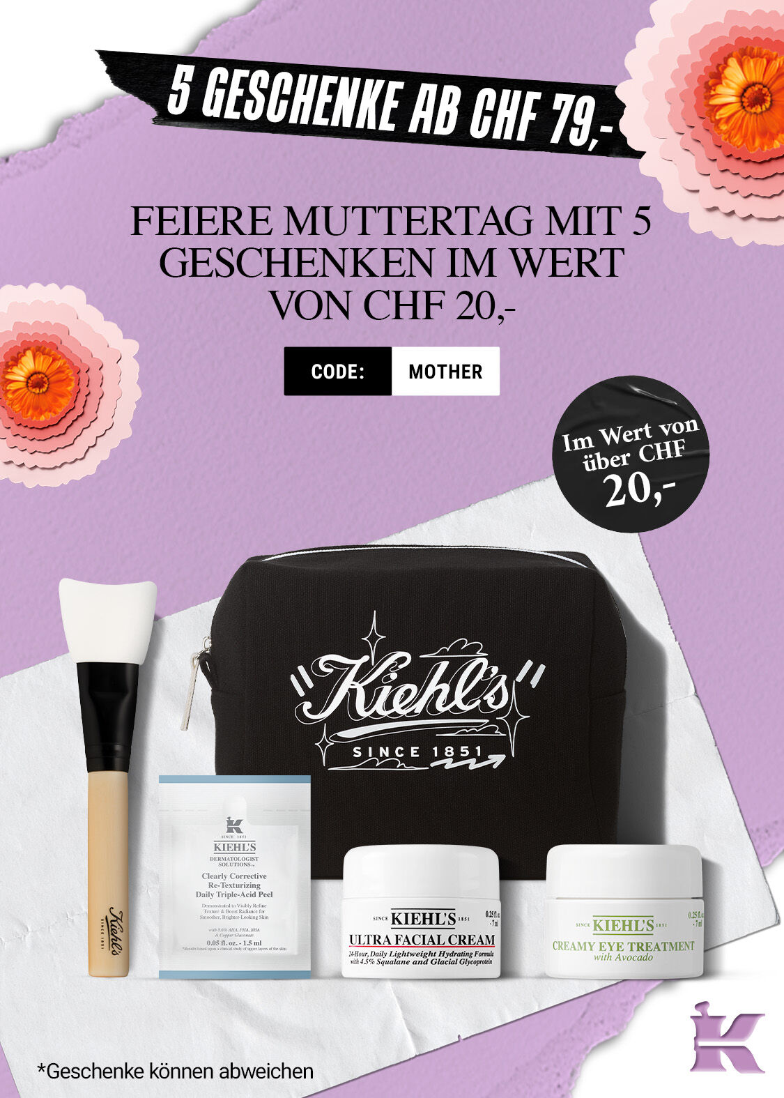 Produkte-Freisteller-Banner mit dem Text "5 Geschenke ab CHF 79 - Feiere Muttertag mit 5 Geschenken im Wert von CHF 20 - Code: Mother", mit Anmerkung "*Geschenke konnen abweichen (von der dargestellten Produktauswahl im Image)"
