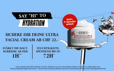 Ein Werbebanner fur Kiehl's Ultra Facial Cream mit dem Slogan „Sag Hallo zu Hydration”, der eine Creme und Wasserberge zeigt. Es hebt die Vorteile der Feuchtigkeitscreme hervor und informiert uber den Preis in Schweizer Franken.