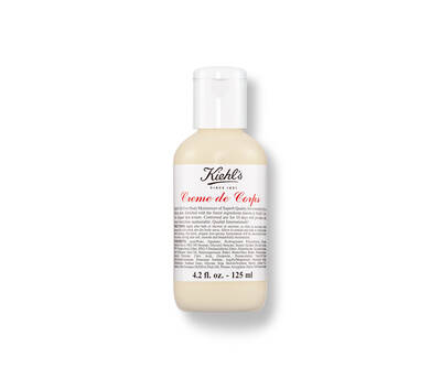 Flacon de 125 ml de creme hydratante 'Creme de Corps' de Kiehl's, avec etiquette blanche et rouge.