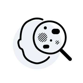 A simple line drawing of a human head silhouette with a magnifying glass focusing on various spots and shapes, representing analysis or scrutiny of skin or microorganisms.