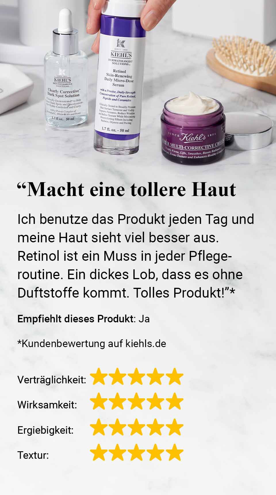 Ein Produkt von Kiehl's mit einem Kommentar zur Verbesserung der Haut durch Retinol. Positive Bewertungen zu Vertraglichkeit, Wirksamkeit, Erreichbarkeit und Textur.