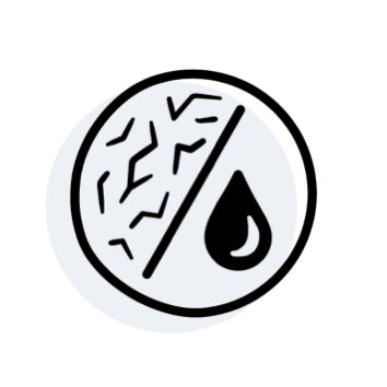 Icon depicting a circular design divided into two sections: one side features a cracked, textured surface, while the other shows a drop of water.