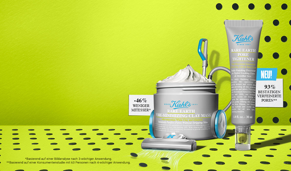 Banniere promotionnelle Kiehl's sur fond vert citron a pois noirs, presentant le Rare Earth Pore Minimizing Clay Mask et le Rare Earth Pore Tightener. Nouveau ! Avec les promesses : -46 % de points noirs* et 93 % ont confirme des pores affines**. *Base sur une analyse d'image apres 3 semaines d'utilisation. **Base sur une etude consommateurs menee aupres de 63 personnes apres 4 semaines d'utilisation.