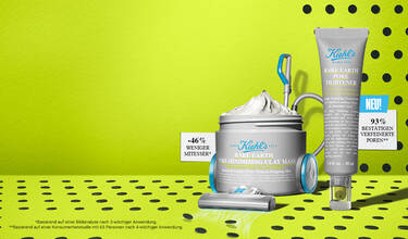 Banniere promotionnelle Kiehl's sur fond vert citron a pois noirs, presentant le Rare Earth Pore Minimizing Clay Mask et le Rare Earth Pore Tightener. Nouveau ! Avec les promesses : -46 % de points noirs* et 93 % ont confirme des pores affines**. *Base sur une analyse d'image apres 3 semaines d'utilisation. **Base sur une etude consommateurs menee aupres de 63 personnes apres 4 semaines d'utilisation.