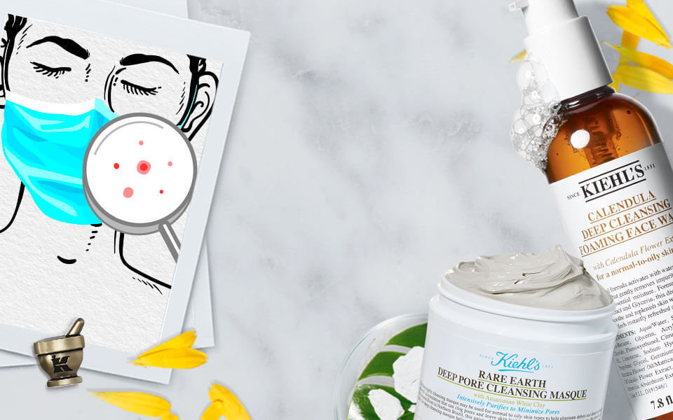 Kiehl's Tonerde-Maske und Calendula-Gesichtsreiniger neben einer Gesichtszeichnung mit Maske, Pickeln und Lupe.