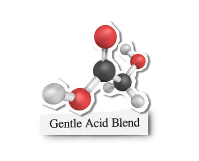 3D molecular structure of a gentle acid blend, featuring red, black, white, and gray spheres representing different atoms, with a label below that reads "Gentle Acid Blend."