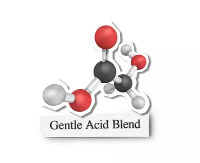 3D molecular structure of a gentle acid blend, featuring red, black, white, and gray spheres representing different atoms, with a label below that reads "Gentle Acid Blend."