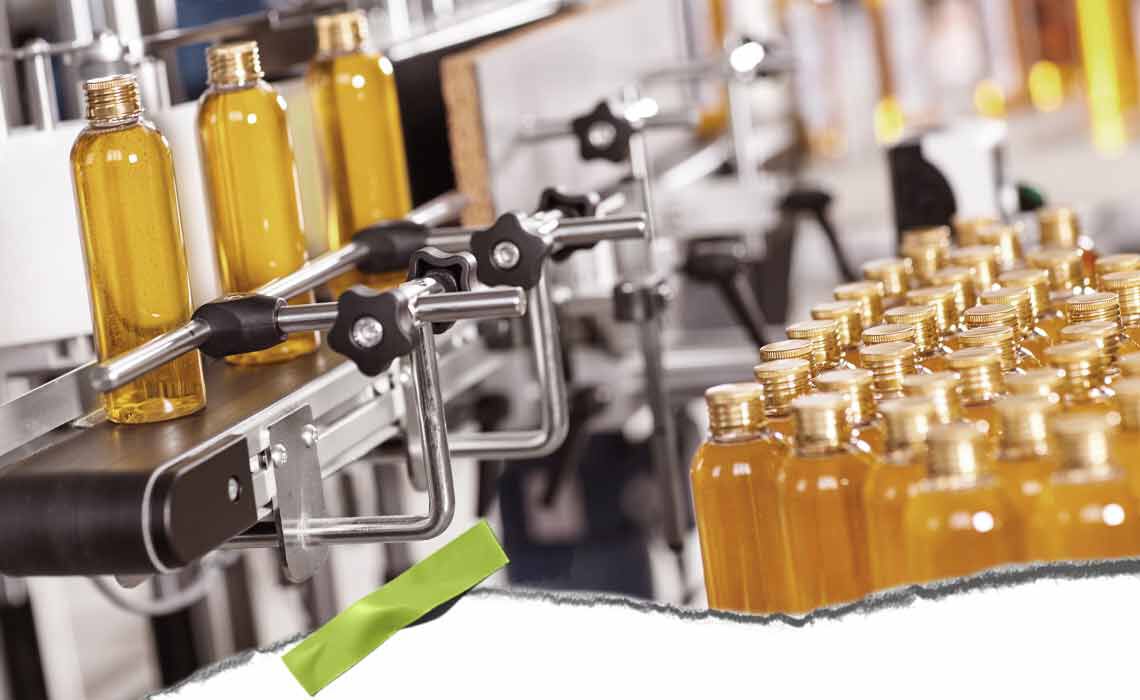 Eine automatisierte Abfullanlage mit klaren Flaschen, gefullt mit gelber Flussigkeit, und Metallklammern, die eine geschaftige Produktionsumgebung zeigt