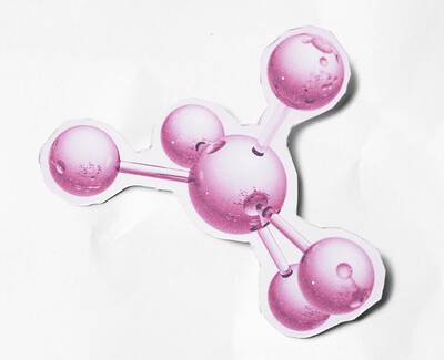 A stylized illustration of a pink molecular structure with several spherical atoms connected by bonds.
