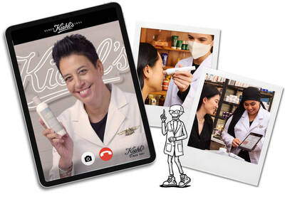 Alt text: A digital collage featuring a smiling woman holding a skincare product, two women consulting over a product in a store, and a sketched character beside the Kiehl's logo, promoting personalized skincare consultations.