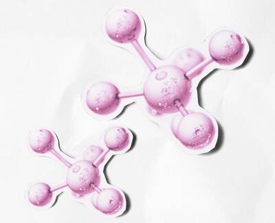 Illustration of two pink molecular structures, one larger and one smaller, with spherical shapes and bubbles.