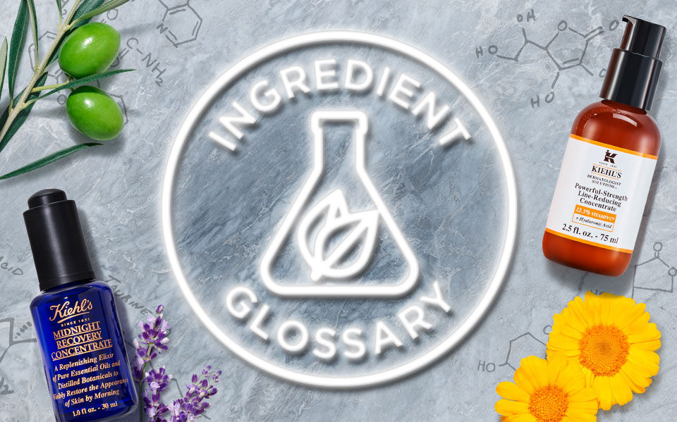 An arrangement of skincare products, including bottles of serums, surrounded by flowers, leaves, and natural ingredients, with the text "Ingredient Glossary" in the center.