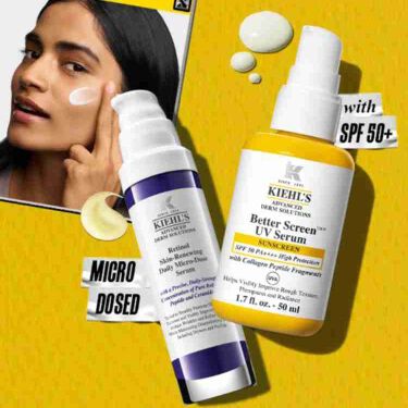 Kiehl's Retinol Skin-Renewing Daily Micro-Dose Serum et Better Screen UV Serum SPF 50+ avec Collagen Peptide, appliques sur le visage d'une femme pour un teint visiblement ameliore